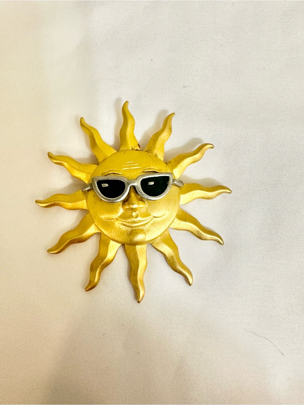 1990s Vintage signed JJ Gold Sun Face Brooch with Sunglasses